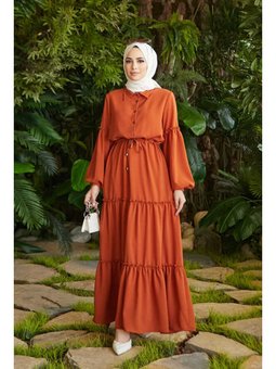 Büzgülü Bağcıklı Elbise Taba