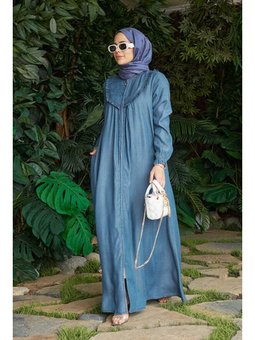 Denim Fırfırlı Ferace Koyu Mavi