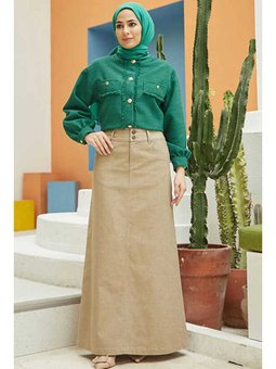 Denim Klasik Etek Açık Haki