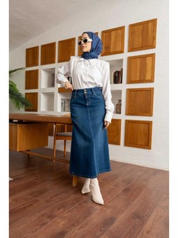 Denim Klasik Etek Koyu Mavi