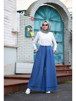 Denim Tensel Lastikli Bol Paça Pantolon Koyu Mavi