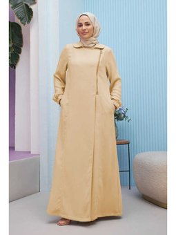 Krep Yan Fermuarlı Ferace Açık Bej