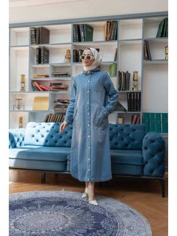 Taşlı Denim Kapüşonlu Kap Mavi