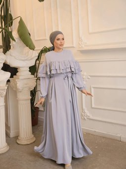 Gri Melanj Çift Fırfırlı Salaş Elbise