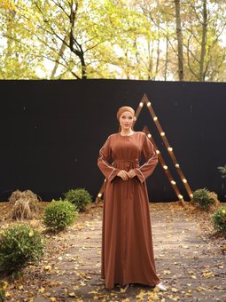 Kiremit Kahverengi Gizli Patlı Biyeli Abaya Kol Ferace