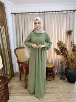 Yeşil Yarım Pat Düğmeli Örme Elbise