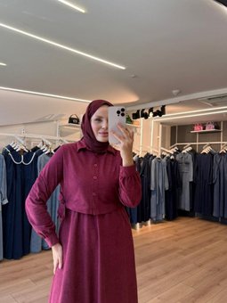 Bordo Yanları Bağlamalı Yelekli Süet Elbise