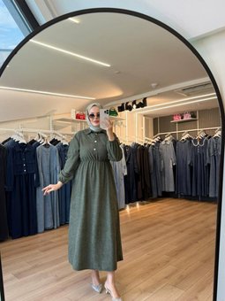 Haki Beli Büzgülü Süet Kumaş Elbise