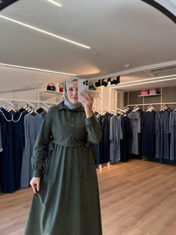 Haki Yanları Bağlamalı Yelekli Süet Elbise