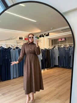Kahverengi Beli Büzgülü Süet Kumaş Elbise