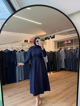 Lacivert Beli Büzgülü Süet Kumaş Elbise