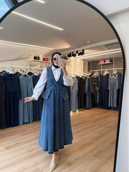 Lacivert Çift Düğmeli Cep Kapaklı Yelek Etek Denim İkili Takım