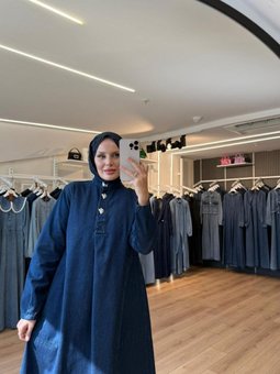 Lacivert Düğmeli Arkası A Pile Büyük Cepli Denim Kot Elbise