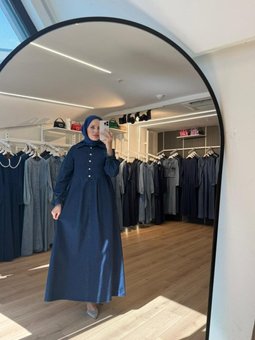 Lacivert Önü Düğmeli Pile Detaylı Denim Elbise