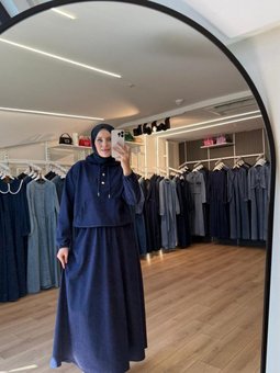 Lacivert Süet Kumaş Kapüşonlu Etek Sweatshirt İkili Takım