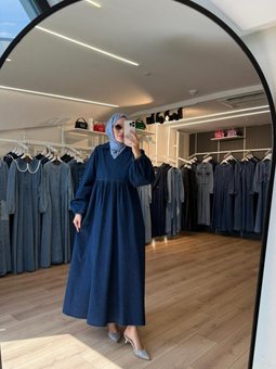 Lacivert V Yaka Beli Büzgülü Geniş Kalıp Balon Kollu Denim Kot Elbise