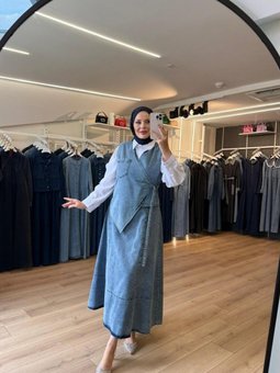 Mavi Asimetrik Yelekli Yandan Kuşaklı Denim İkili Takım