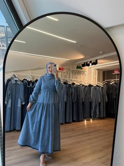 Mavi Beli Büzgülü Bağcıklı Eteği Katlı Kloş Denim Elbise