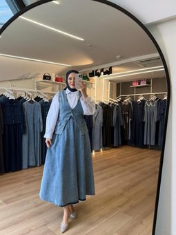 Mavi Çift Düğmeli Cep Kapaklı Yelek Etek Denim İkili Takım