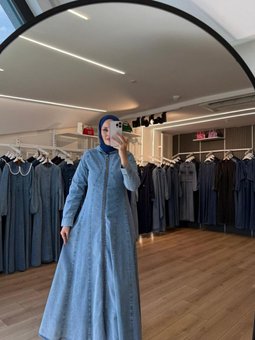 Mavi Dalga Dikişli Kapişonlu Denim Kap Pardesü