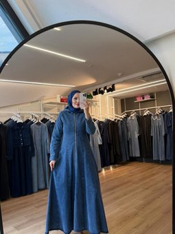 Mavi Dalga Dikişli Kapişonlu Denim Kap Pardesü