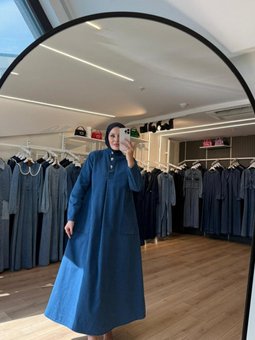 Mavi Düğmeli Arkası A Pile Büyük Cepli Denim Kot Elbise