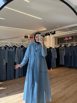 Mavi Düğmeli Arkası A Pile Büyük Cepli Denim Kot Elbise