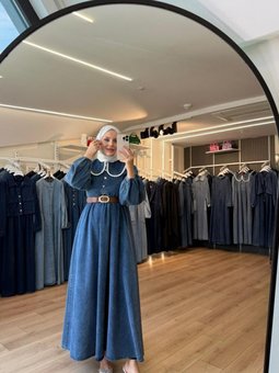 Mavi Güpürlü Bebe Yaka Deri Kemerli Teettür Kot Elbise