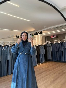 Mavi Kruvaze Yaka Çift Düğmeli Denim Kot Kap Pardesü