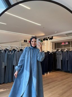 Mavi Ön Kısmı Çift Kapaklı Boydan Büzgülü Balon Kollu Kap Pardesü