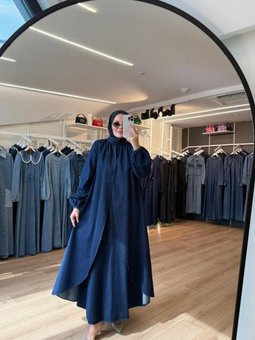 Mavi Ön Kısmı Çift Kapaklı Boydan Büzgülü Balon Kollu Kap Pardesü