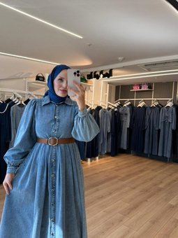 Mavi Önden Full Düğmeli İnce Kemerli Denim Kot Pardesü