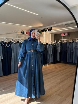 Mavi Önden Full Düğmeli İnce Kemerli Denim Kot Pardesü