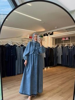 Mavi Önden Kurdale Bağlamalı Denim Kumaş Elbise