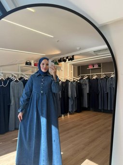 Mavi Önü Düğmeli Pile Detaylı Denim Elbise