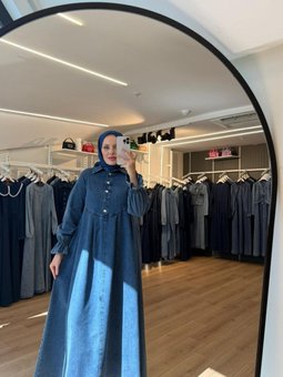 Mavi Önü Düğmeli Pile Detaylı Denim Elbise