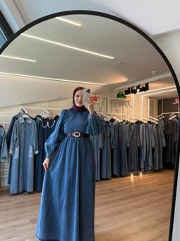 Mavi Sivri Yaka Balon Kollu Tessettür Denim Kot Pardesü