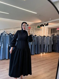 Siyah Beli Büzgülü Bağcıklı Eteği Katlı Kloş Kot Elbise