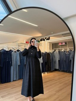 Siyah Beli Büzgülü Süet Kumaş Elbise