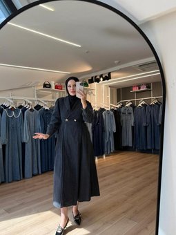 Siyah Kruvaze Yaka Çift Düğmeli Denim Kot Kap Pardesü