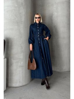 Beli Büzgülü Çıt Kapamalı Denim E Elbise Koyu Mavi