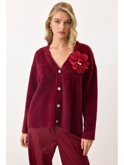 Çiçek Aksesuarlı Soft Triko Bordo Hırka