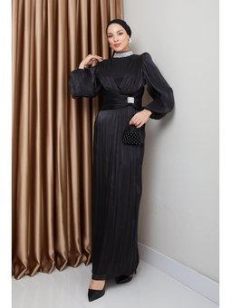 Fiyonk Ve Yakası Taş Bezeli Yoryo İpek Siyah Abiye Elbise