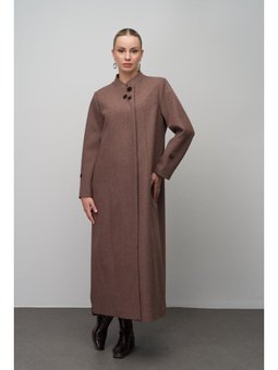 Hakim Yaka İşleme Detaylı Yün Karışımlı Büyük Beden Pardesü Melanj Kahve