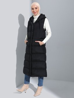 Kapüşonlu Uzun Şişme Siyah Yelek