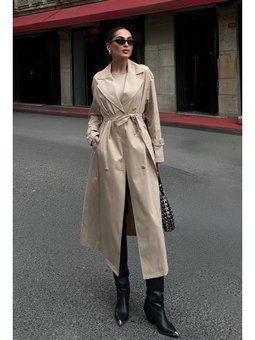 Omuzu Fermuar Aksesuarlı Oversize Astarsız Bej Trençkot