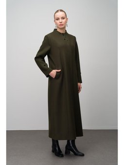 Pardesüm Yaka İşleme Detaylı Yün Karışımlı Büyük Beden Haki Pardesü