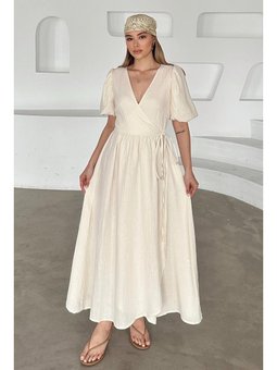 V Yaka Belden Bağlamalı Müslin E Elbise Bej