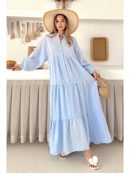 Yarasa Kol Düğme Detaylı Müslin Salaş E Elbise Mavi