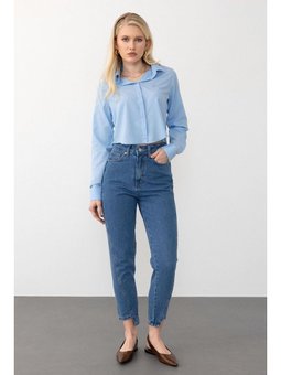 Yüksek Bel Rahat Kesim Daralan Paça Jean Mavi Pantolon